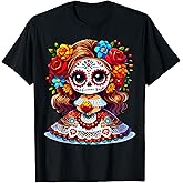 Cute Catrina Doll with Flowers Sugar Skull Halloween Costume T-Shirt