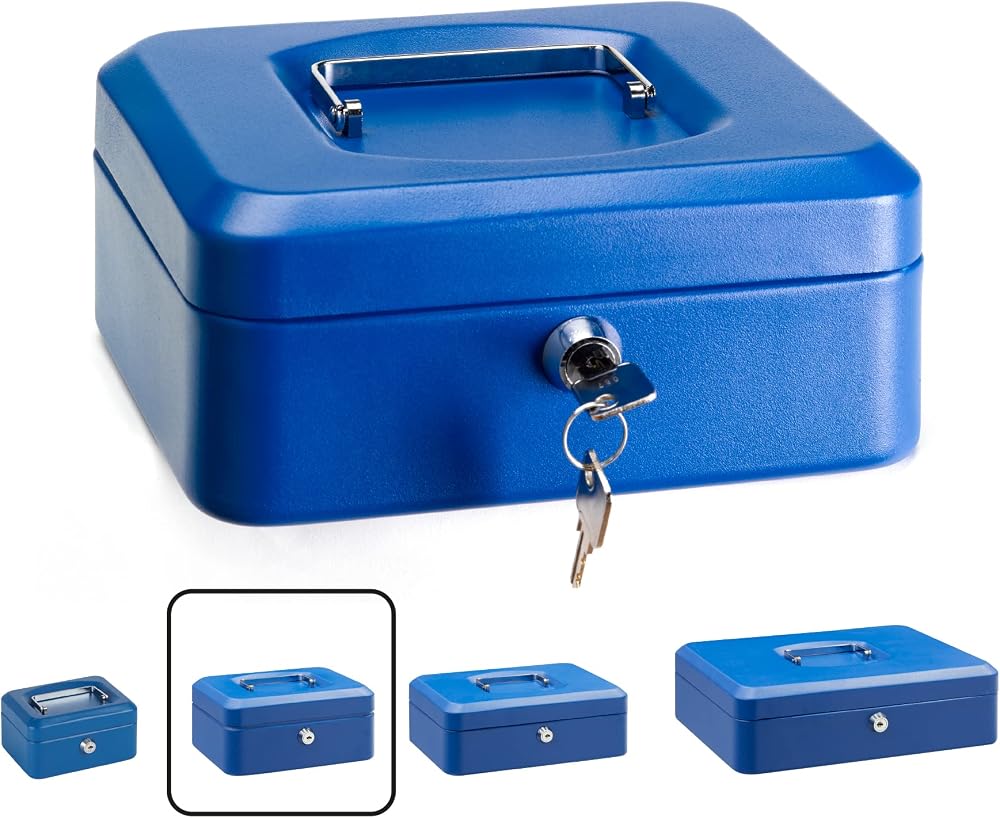 Arregui C9225 Blue Steel Money Box Cash Box with Removable Tray & Keys