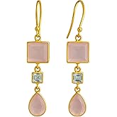 Rose Quartz and Blue Topaz Gold Plated Sterling Silver Drop Earrings - Handmade Gemstone Jewelry Gift Ideas for Women - Bridal Wedding Birthday Valentine's Mother's Day Gift Hypoallergenic