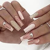 French Tip Press on Nails Medium Fake Nails with Golden Glitter &amp; Rhinestones Designs Acrylic Nails Press ons Glossy Glue on Nails Ballerina Artificial Stick on Nails for Women 24Pcs