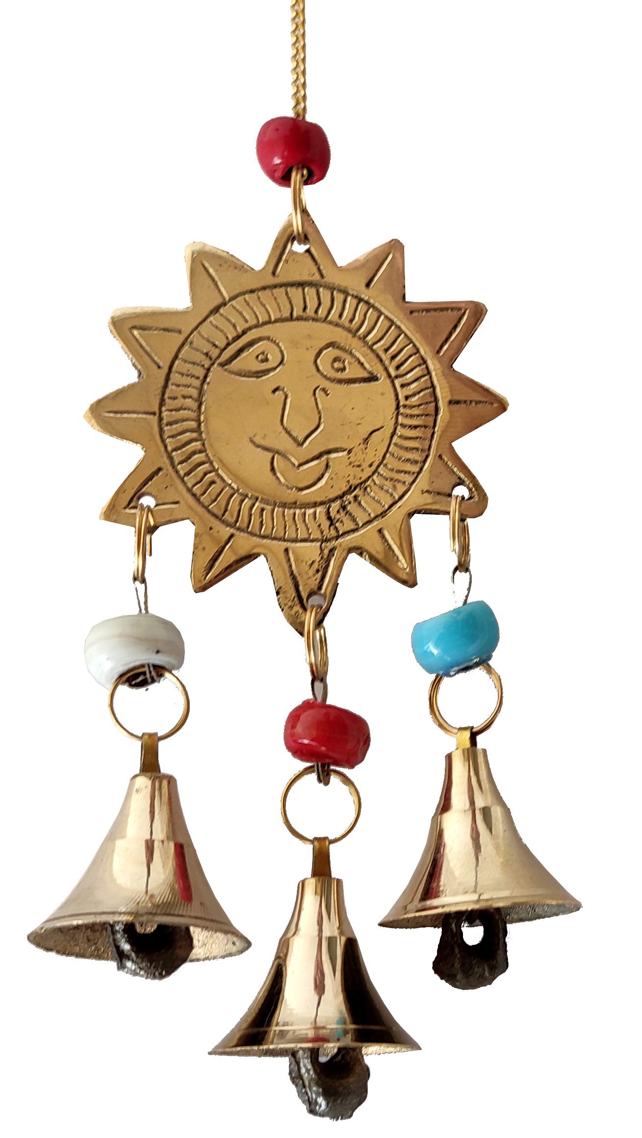 Purpledip Brass Wall Hanging Sun: Tinkling Bells Wind Chimes (12215)