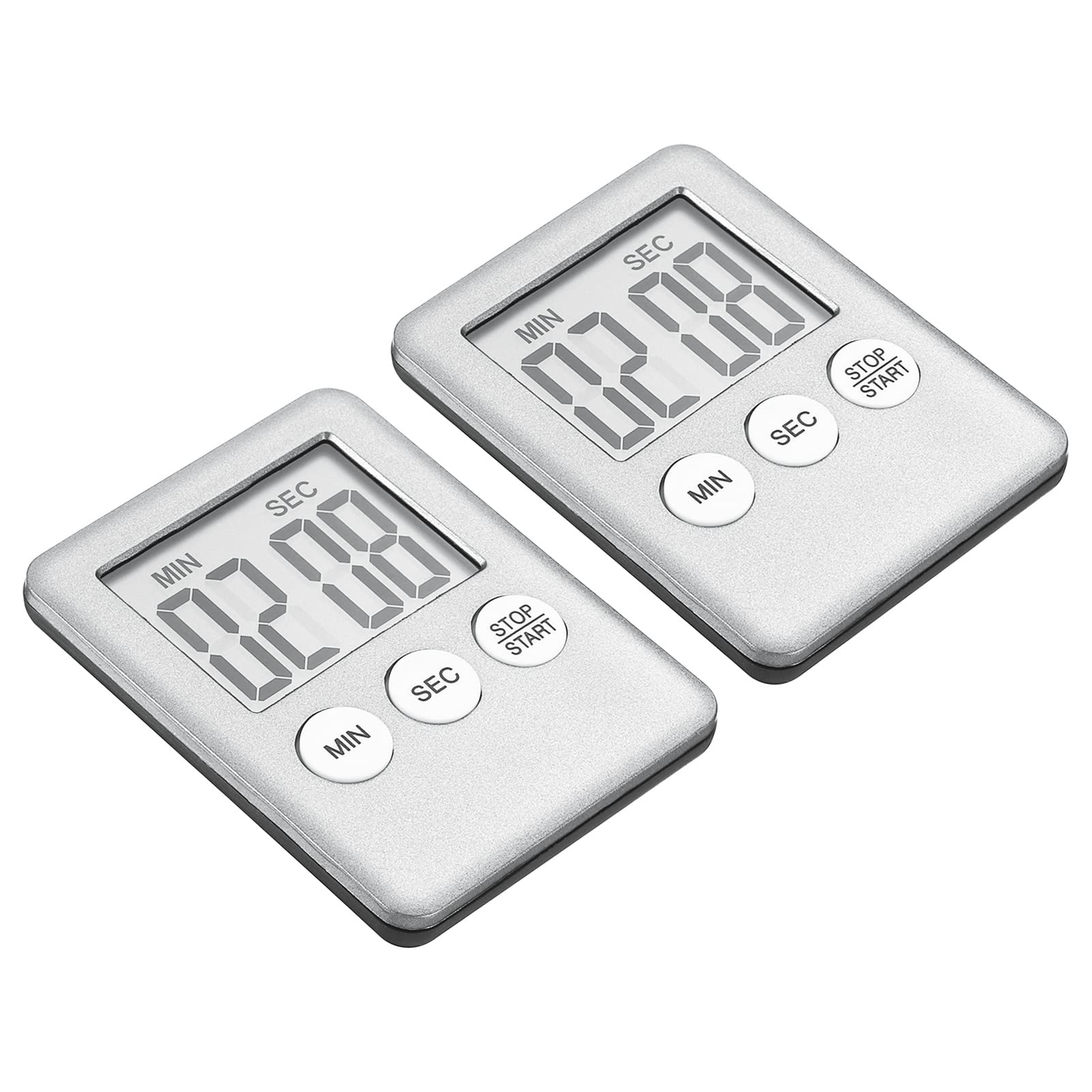 PATIKIL Digital Timer, 2Pcs Small Count Down/UP Clock with Magnetic, Big LCD Display Loud Sounds Minute Second Kitchen Timer for Games, Cooking, Silver Tone