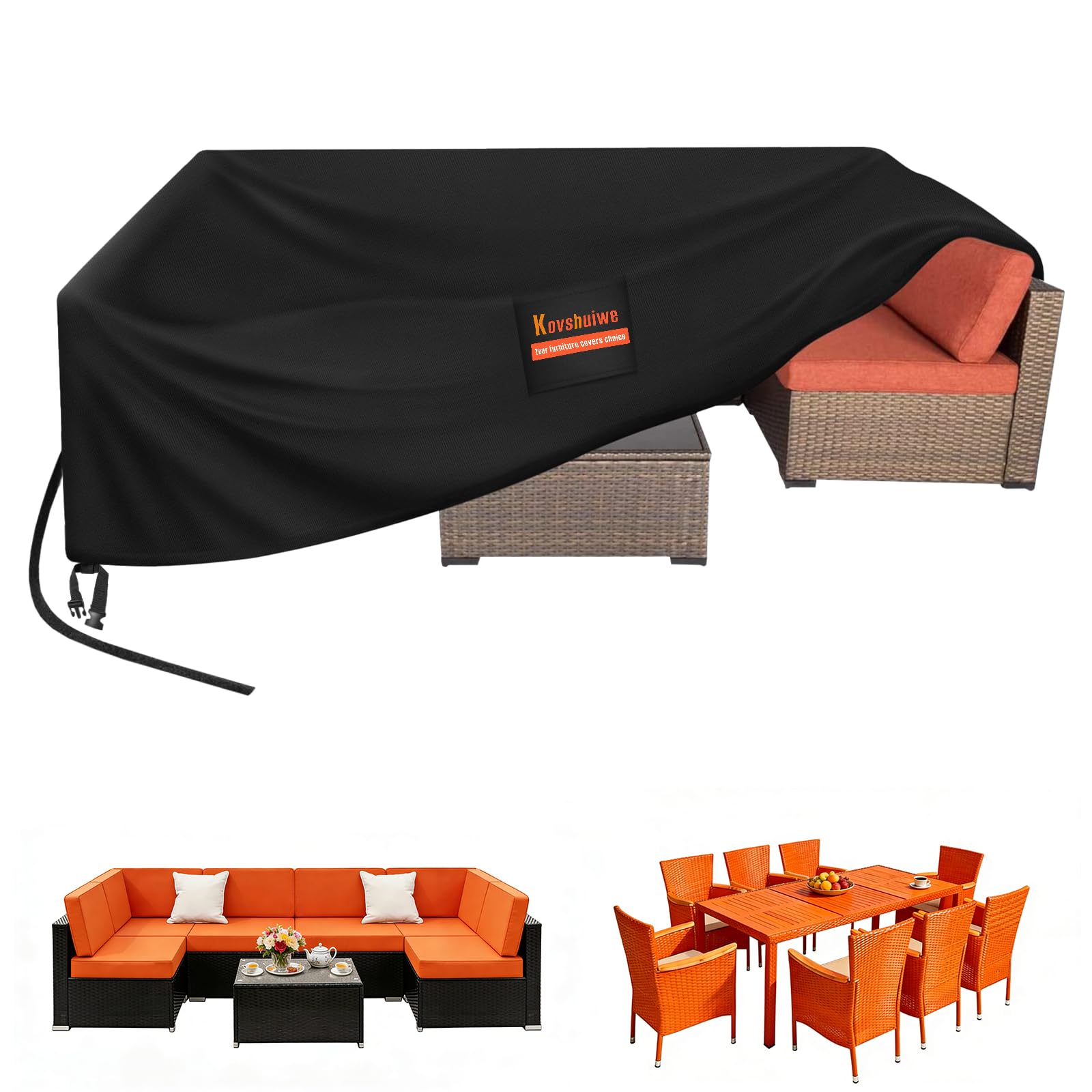 Kovshuiwe Garden Furniture Covers,242x162x100cm Patio Furniture Cover Waterproof, Table Covers 420D Heavy Duty Oxford Fabric Rattan Furniture Cover Windproof Anti-UV for Patio, Outdoor(Black) — image 1