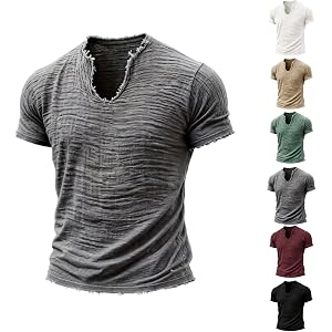 Linen Shirts for Men Short Sleeve V Neck T Shirts Raw Hem Retro Summer Beach Blouses Casual Tassel Vacation Tops