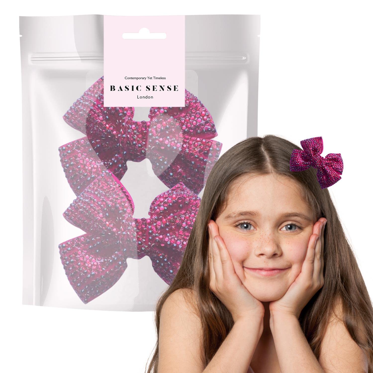 BasicSense 2 Pieces Rhinestone Bow Hair Clips Diamante Ribbon Crocodile Alligator for Girls, Fuchsia