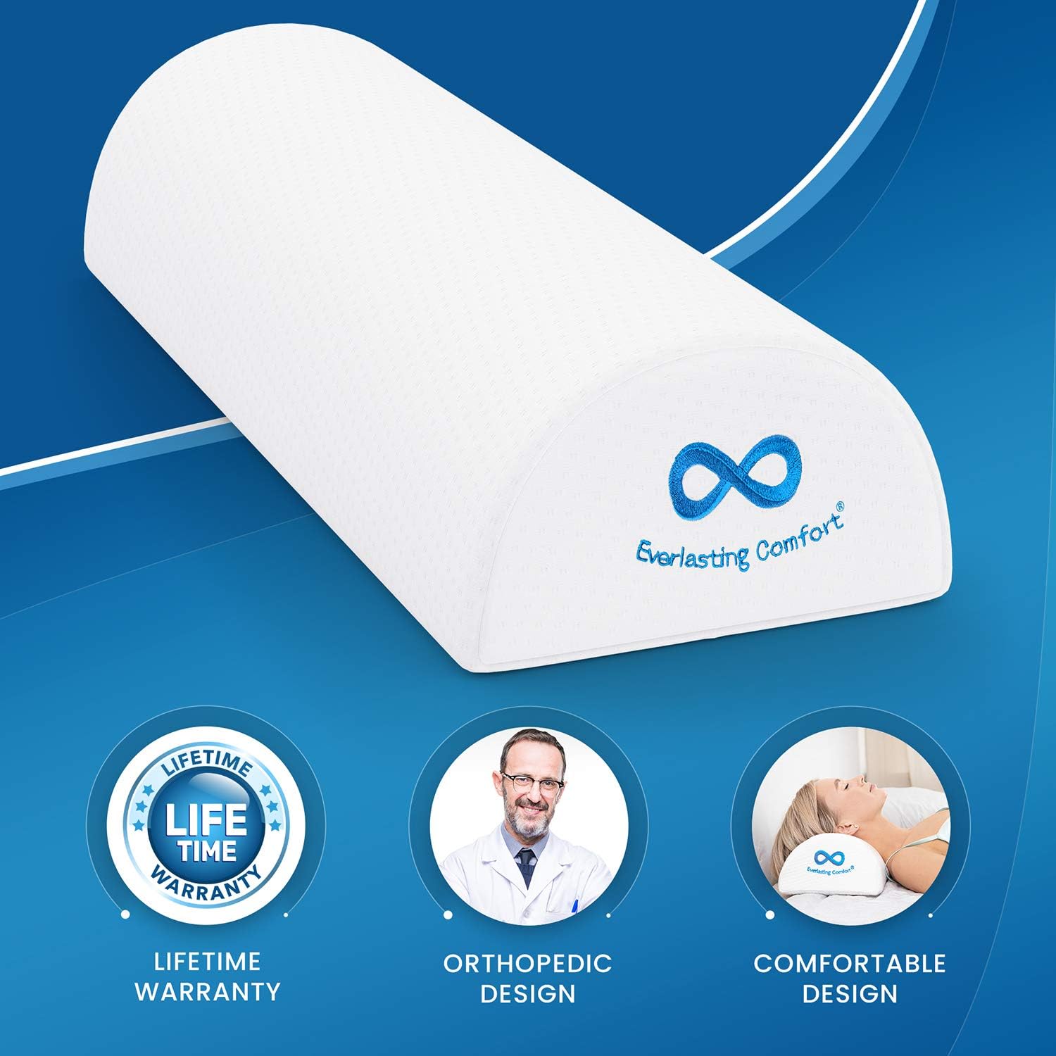 Everlasting Comfort Bolster Pillow for Legs - Pure Memory Foam Half Moon Pillow - Soft Breathable Cover (White): Home & Kitchen