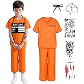WEFONLLICOS Kids Prisoner Costume Orange Prison Inmate Outfit Halloween Jail Criminal Jumpsuit Pant Set for Boys Girls