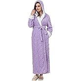 Hellomamma Women Fluffy Robes With Hood: Floor Length Long Fleece Winter Bathrobes Ladies Hooded Housecoat for Spa Shower