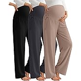 Neer 3 Pack Women's Maternity Pants Over The Belly Loose Pregnancy Pants Stretchy Lounge Wide Leg Trousers with Pockets