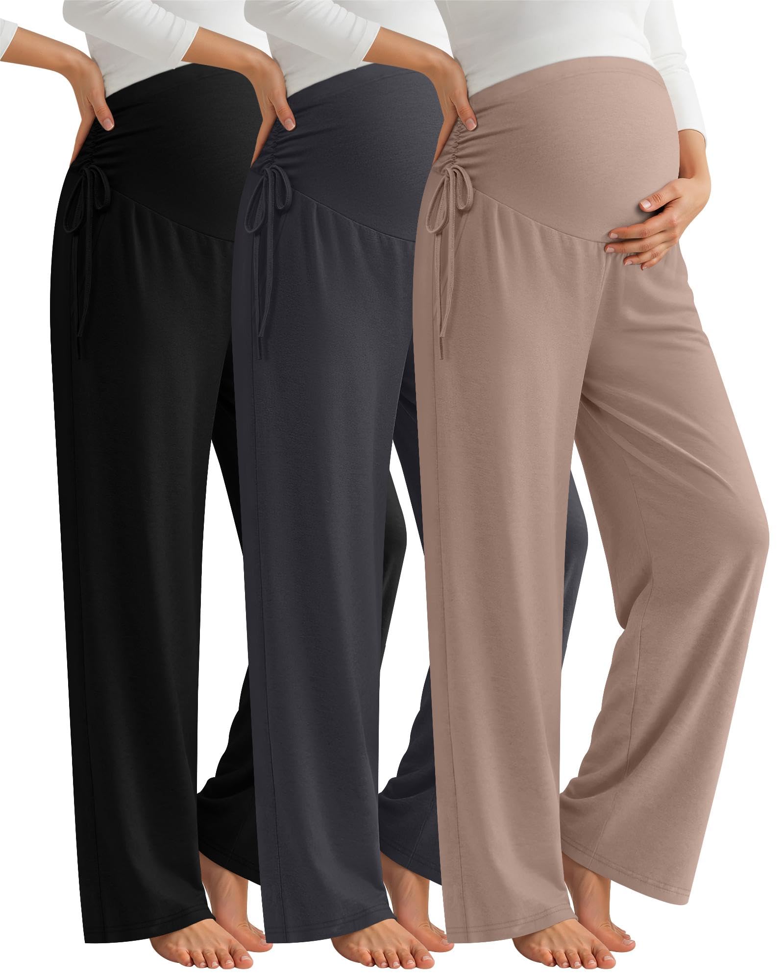 Photo 1 of (medium) Pack Women's Maternity Pants Over The Belly Loose Pregnancy Pants Stretchy Lounge Wide Leg Trousers with Pockets(Khaki, Cement Gray, Black,Medium)