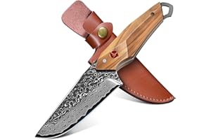 TAN REN Damascus Fixed Blade Knife, Outdoor Survival Knife with Sheath, Full Tang Bushcraft Knives with Wood Handle, Brown Hunting Knives Gift for Men Camping, Outdoor Cooking, Gift for Him