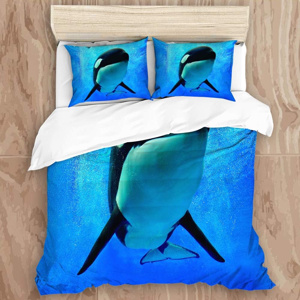 NINEHASA Duvet Cover Set,Foam World Sea Orlando San Diego and Blue Orca Shark Whale Swimming Underwater,New Microfiber 3 Piece Bedding Set with 2 Pillow Shams,Full/Queen