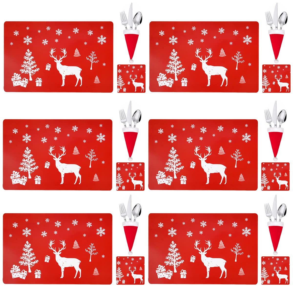 MQIAN 18 Pcs Set Christmas Placemats, Coasters & Cutlery Holders - Red, Snowflake Pattern, 28 cm x 42 cm, PVC Material, Easy to Clean
