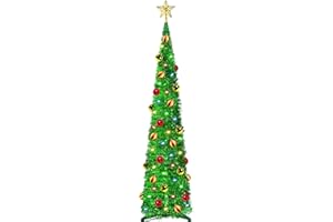 LEASEN 5 Ft Pop Up Tinsel Christmas Tree with Timer 60 Warm Multi Color Change Lights 25 Ball Ornaments 4 Modes 3D Star Battery Operated Artificial Xmas Tree Home Indoor Outdoor Decor (Green)