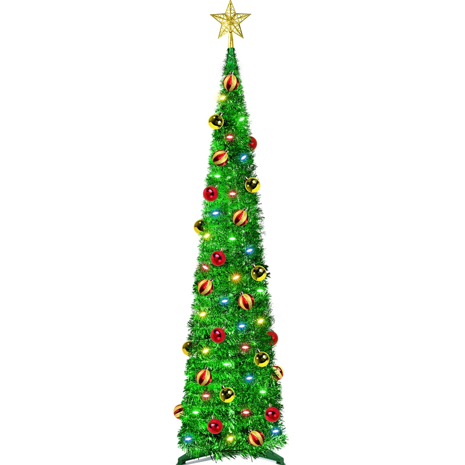 Photo 1 of 5 Ft Pop Up Tinsel Christmas Tree with Timer 60 Warm Multi Color Change Lights 25 Ball Ornaments 4 Modes 3D Star Battery Operated Artificial Xmas Tree Home Indoor Outdoor Decor (Green)