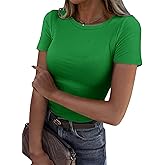 Roselux Women Crew Neck Ribbed Fitted Tight Tshirt Short Sleeve Shirt Basic Knit Top