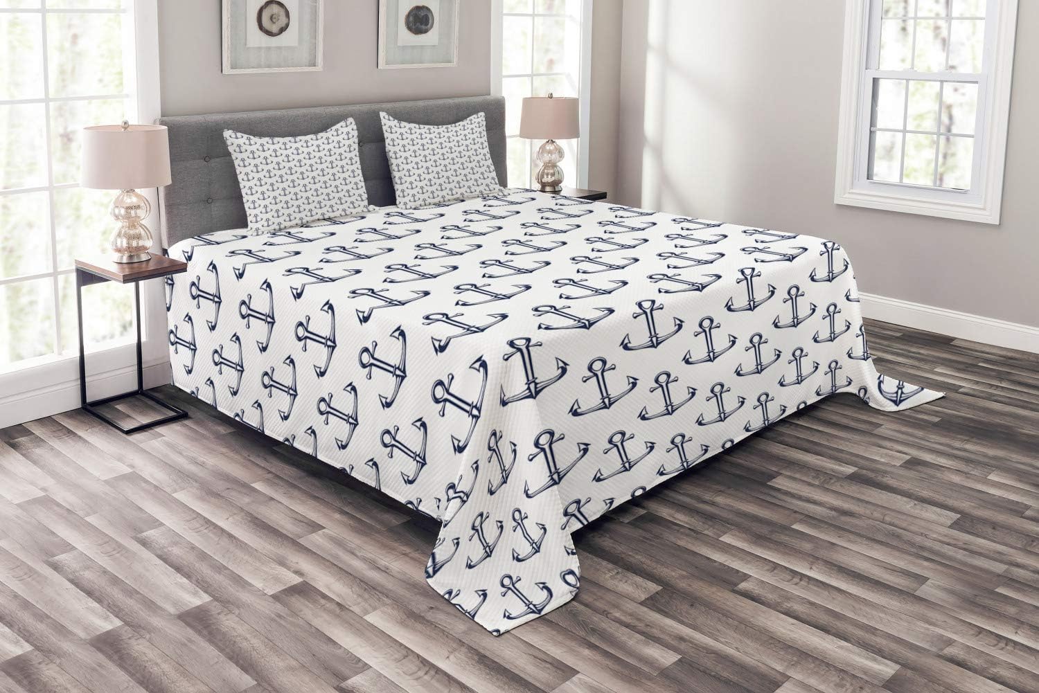 Lunarable Nautical Bedspread, Ship Anchors Pattern Navy