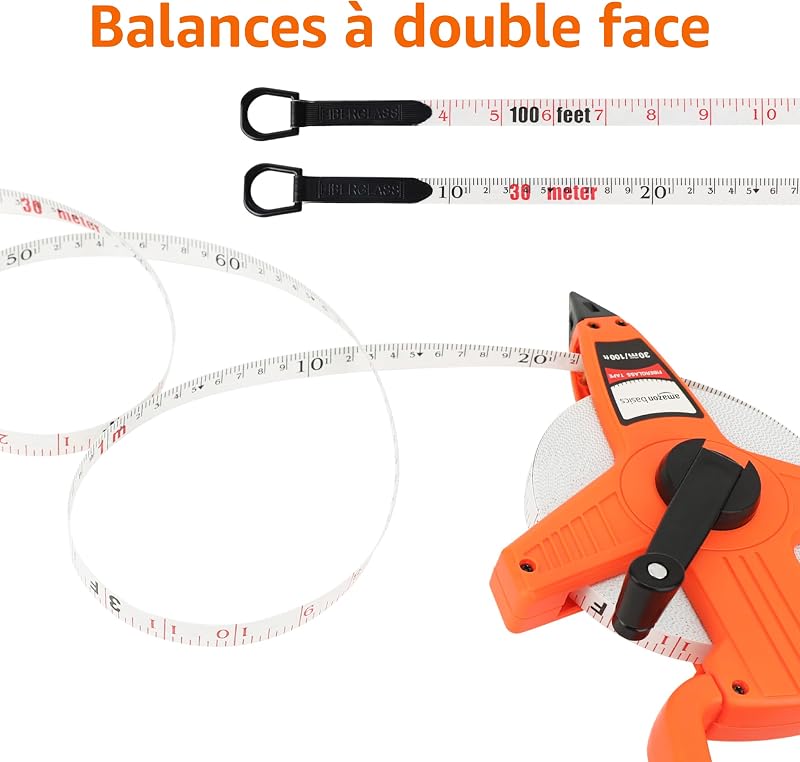 Mètre ruban en fibre de verre à bobine ouverte résistant aux impacts - 30 m/100 pieds par 0,5 pouce, pouces/mètres, Vine, Orange