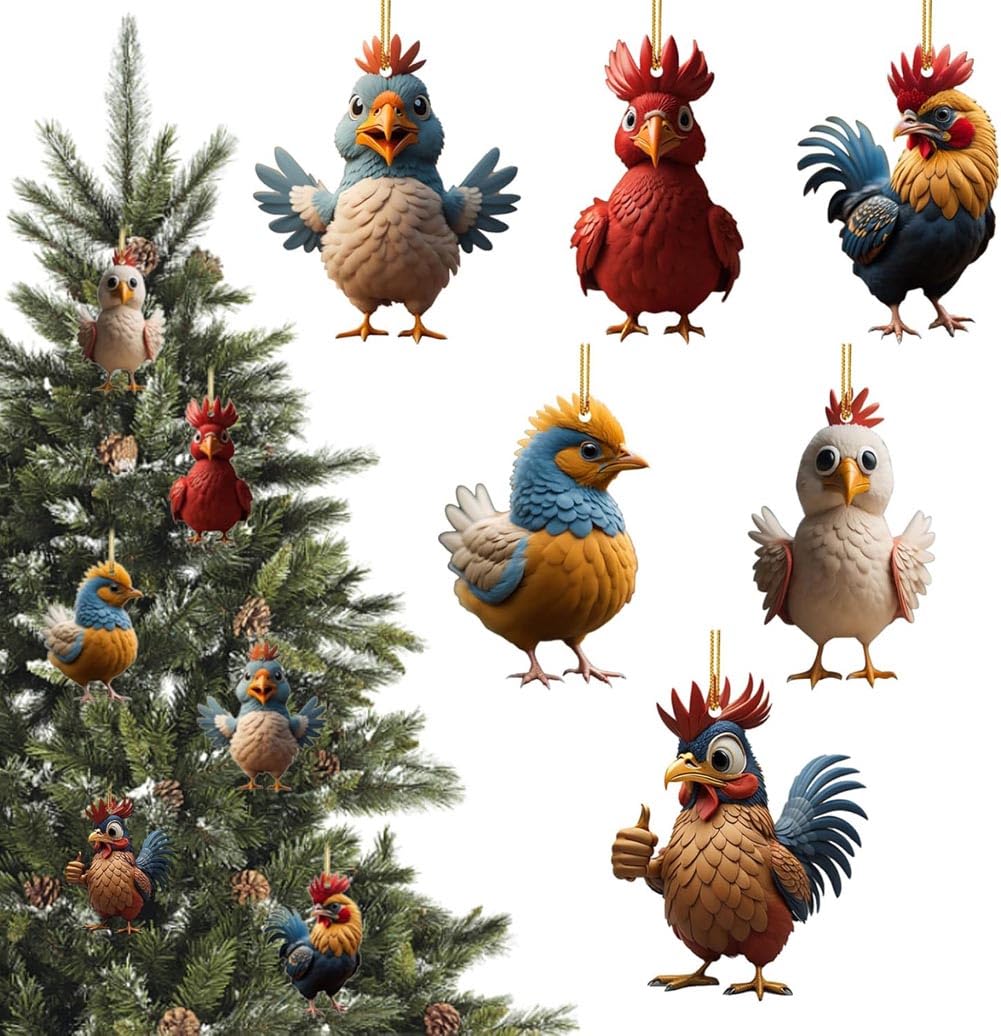 6 Pcs Funny Chicken Xmas Tree Decorations - Acrylic Hanging Chicken Decor with Rooster Christmas Tree Pendants