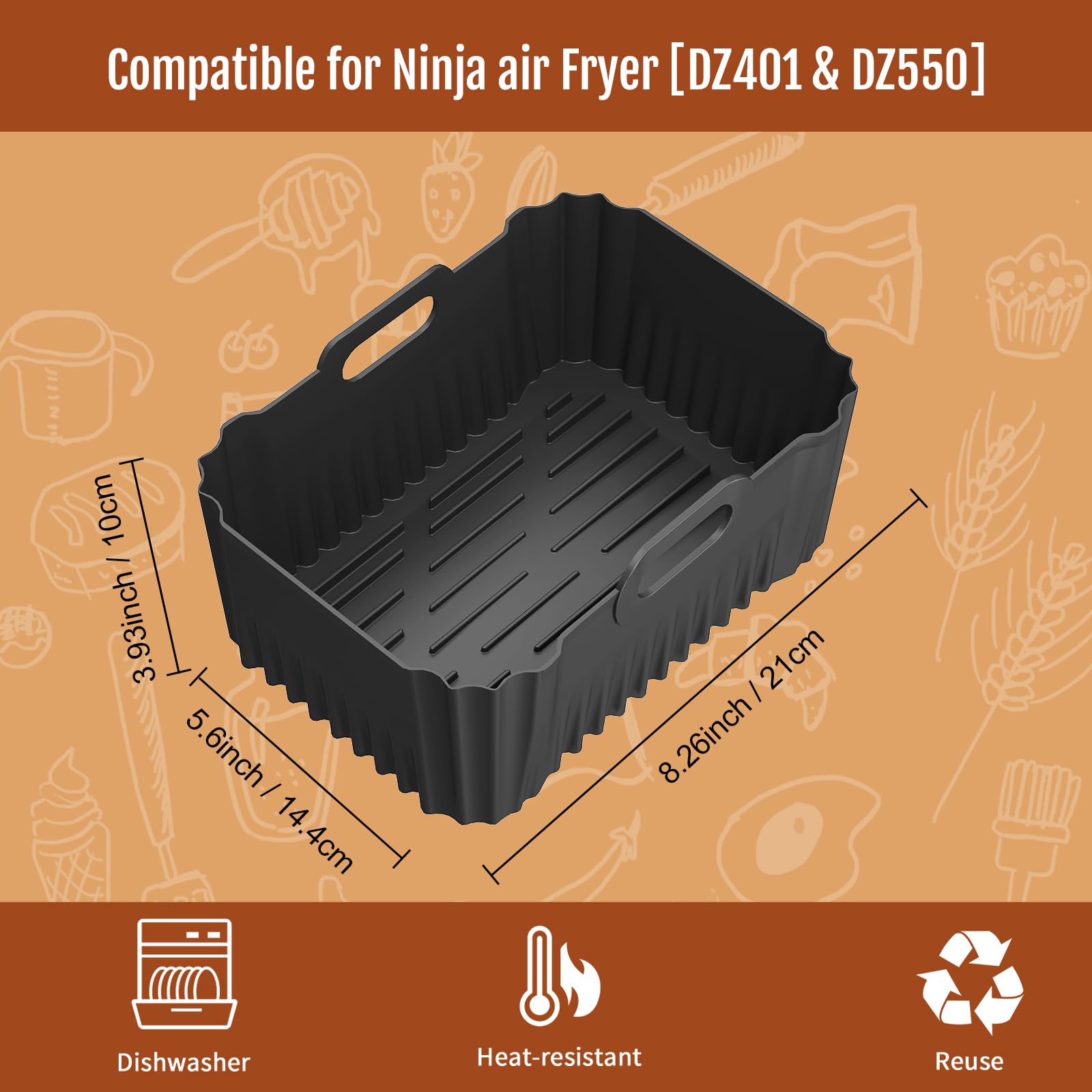2PCs Silicone Air Fryer Liners for Ninja DZ401, DZ550, DZ302, COSORI 9QT Air Fryer, Rectangular Reusable Liners Accessories for Ninja Foodi 2-Basket 10 QT