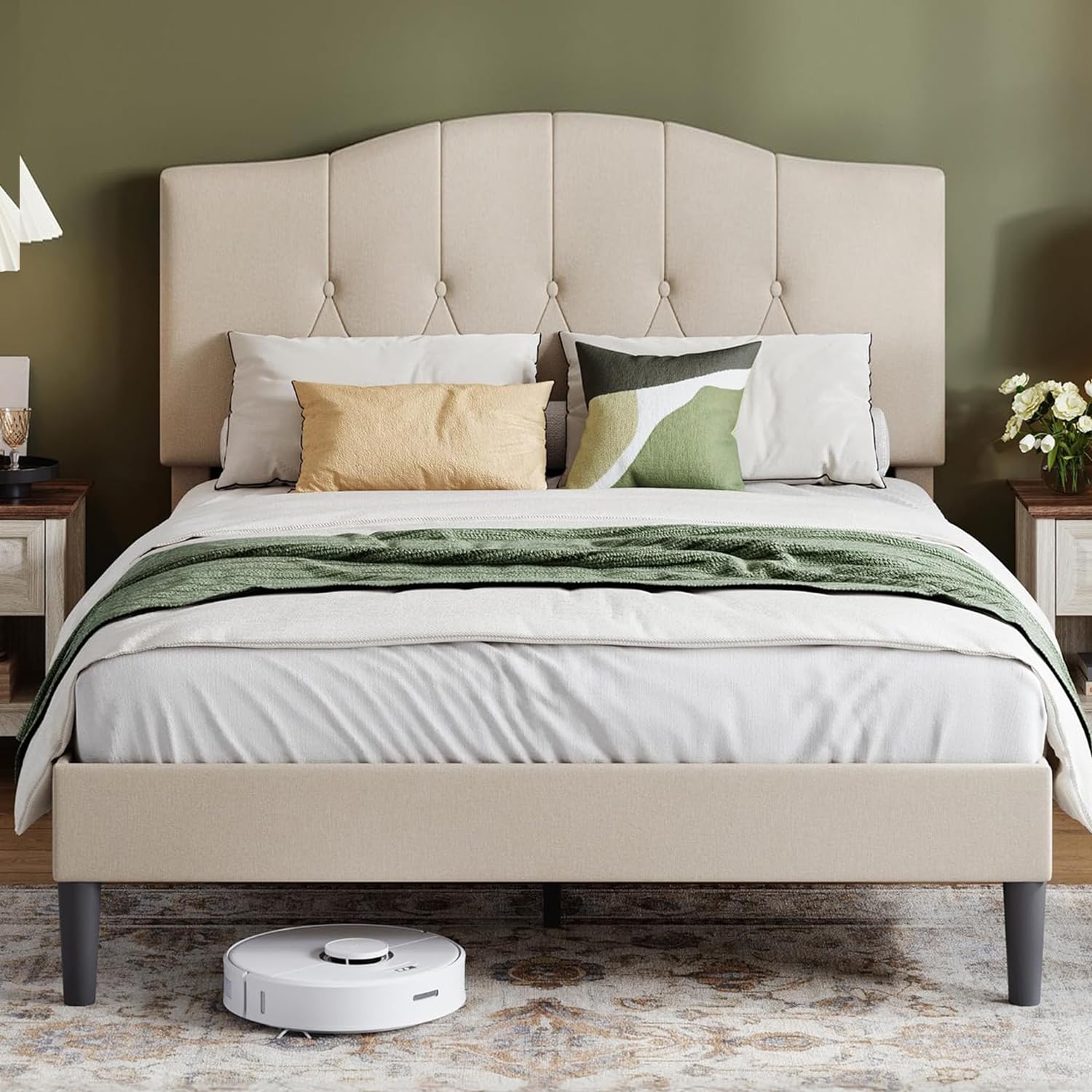 LINSY Queen Bed Frame, Linen Upholstered Platform Bed Frame with ...