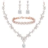BriLove Gorgeous Wedding Jewelry Set for Women Bridal Cubic Zirconia Marquise Teardrop Leaf Cluster Y-Necklace Dangle Earrings Link Bracelet