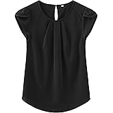 TASAMO Women's Casual Round Neck Basic Pleated Top Cap Sleeve Curved Keyhole Back Chiffon Blouse