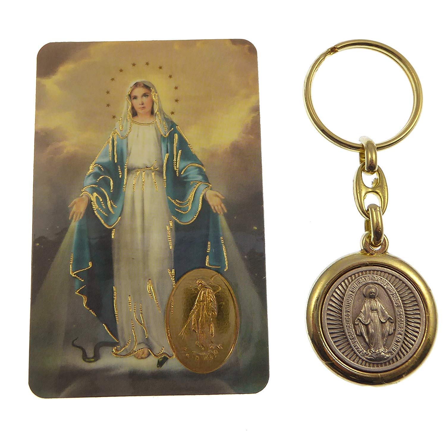 C bc Virgin Mary Miraculous brass and silver keyring with Memorare prayer card