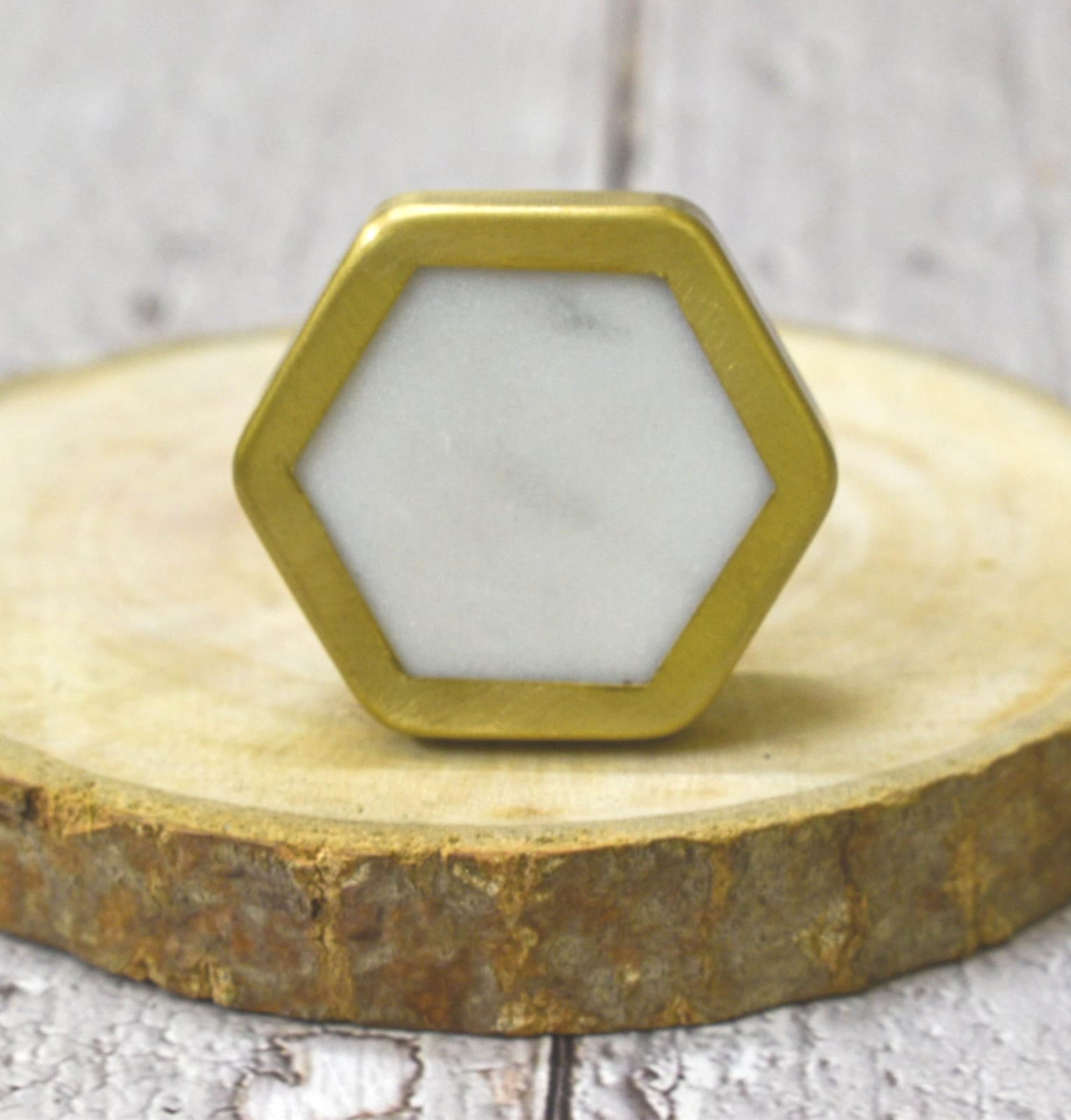 ARTISNO Hexa Marble Brass Knob, Modern Cabinet Knob, Decorative Hardware, Furniture Hardware, Cabinet Handles, Dresser Pull (Hexa White Gold), Set-6