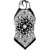 Design by Olivia Women's Sexy Paisley Bandana Halter Top - Y2K Boho Backless Self-Tie Summer Crop Top Shirt