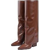 Vaslemuse Knee High Boots for Women Fold Over Pointed Toe Shark Tall Boots Block Low Heel Long Boots with Side Zipper