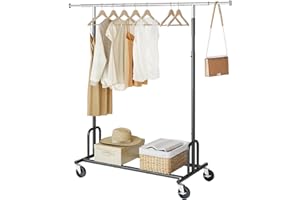Tajsoon Heavy Duty Clothes Rack Foldable Garment Rack with Wheels and Extendable Rod, Freestanding Clothing Rack for Hanging Clothes, Adjustable ＆ Collapsible Rolling Racks with Bottom Shelf, Black