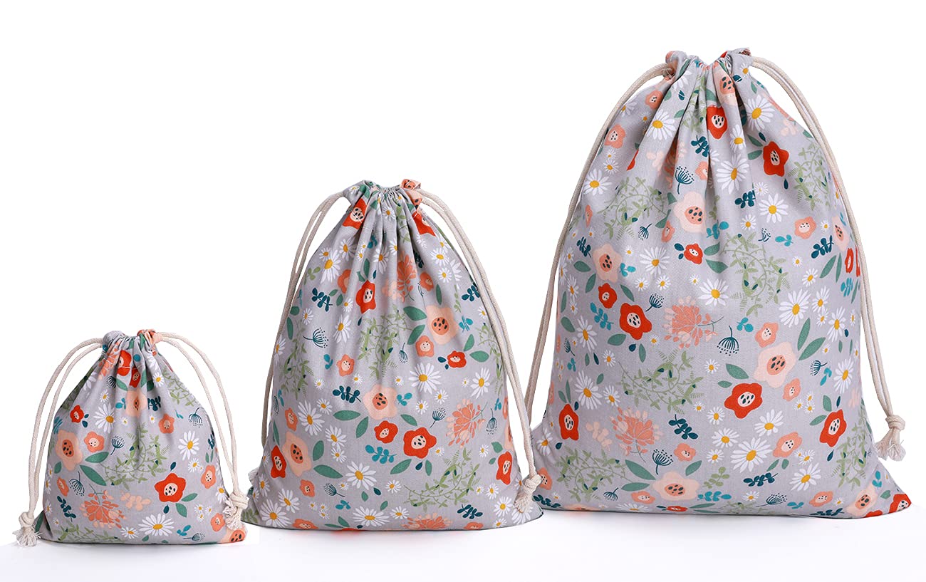 Amoyie 3 pcs Drawstring Storage Bags Set for Women Stuff Travel Home Accessories, Gift Bag, Cotton Organizer Bag for Cosmetic, Toy, Flower