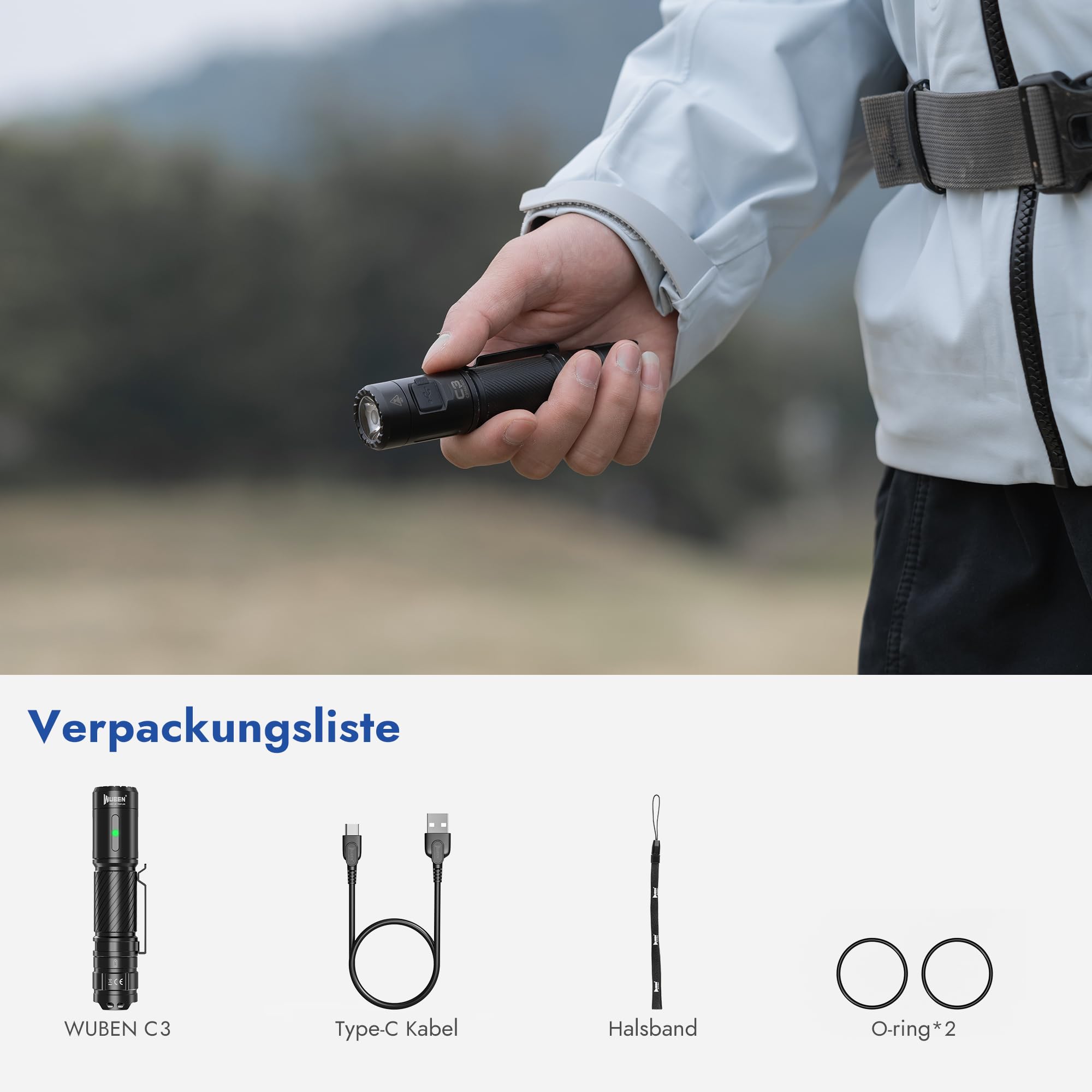WUBEN C3 LED Taschenlampe Extrem Hell USB C Aufladbar 1200 Lumen IP68 Wasserdicht mit 6 Modi Taktische Handheld klein Taschenlampe für Outdoor Camping Wandern Notfall 9