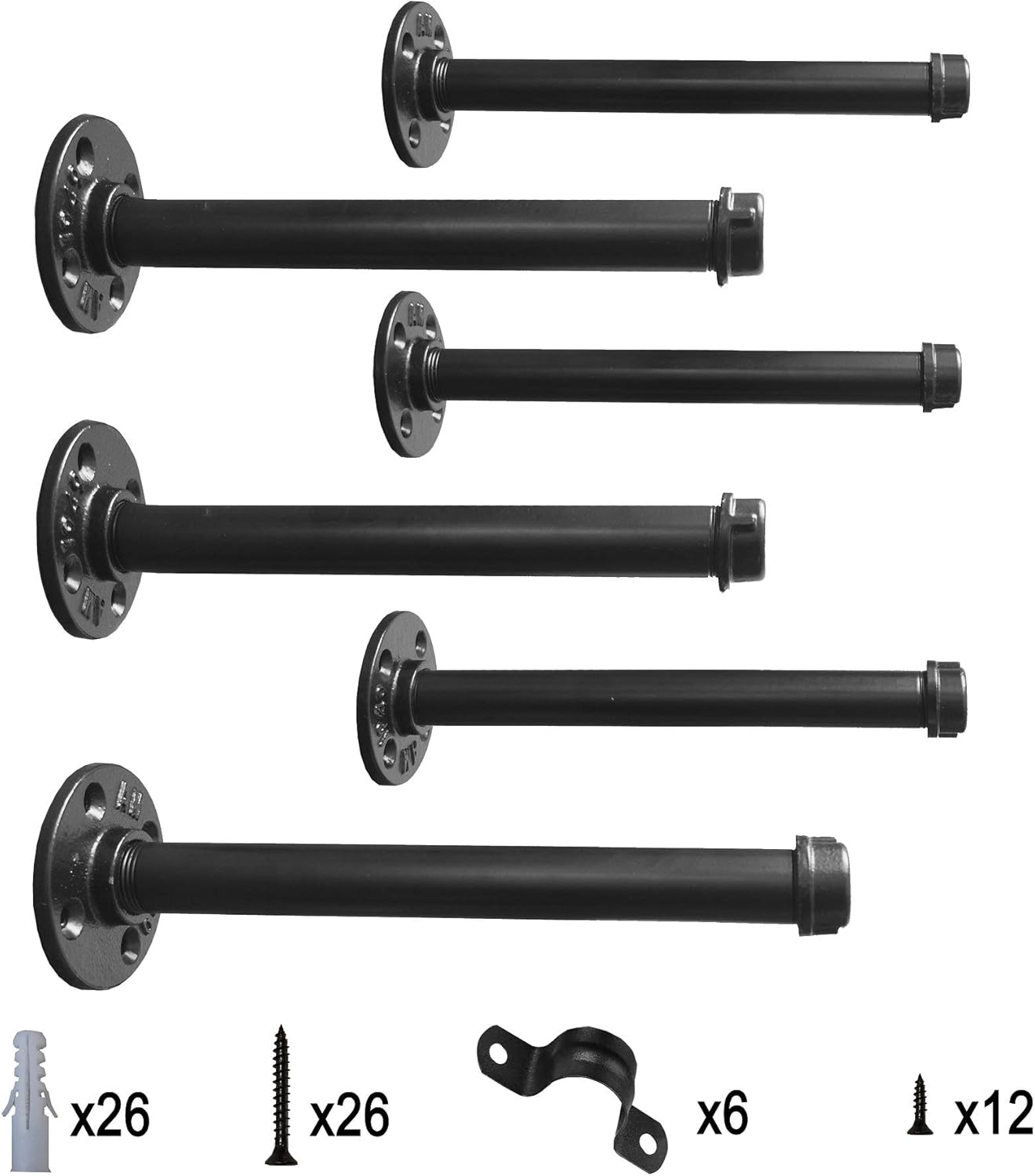 Industrial Black Iron Pipe Shelf Brackets –12 Inch Set of 6, Heavy Duty Rustic Floating Shelf Bracket, Clothing Rack, Coated Finish, Hardware Included: Home Improvement