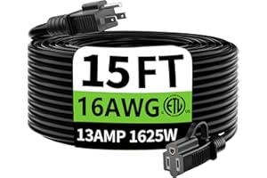 HUANCHAIN Indoor Outdoor Black Extension Cord 15 ft Waterproof, 16/3 Gauge Flexible Cold-Resistant Appliance Extension Cable Outside, 13A 1625W 16AWG SJTW, 3 Prong Heavy Duty Electric Cord, ETL