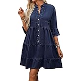 ebossy Women's Summer Casual 3/4 Sleeve Ruffle Jean Dress Tiered Flowy Button Down Shirt Dress 2025 Trendy Outftis (X-Large, Navy Blue)
