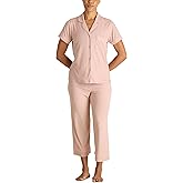 BCBGMAXAZRIA womens Ribbed Pajama Set Short Sleeve Notch Collar With Pants