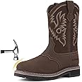 HISEA NINGO Men's Western Cowboy Boots Waterproof Square Toe Steel/Soft Toe Work Boots Men's Slip On Pull On Safety Toe Leather Work Boots for Construction Farming