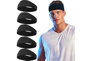5 Pack Sports Black Headband for Men, Breathable Mesh Design, Reused & Washed Mens Headband Sweat Bands for Running Yoga,Fitn
