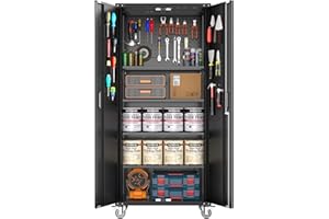 72" Locking Storage Cabinet with Wheels & Pegboard, Heavy-Duty Steel Utility Cabinet with 4 Adjustable Shelves, Rolling Metal