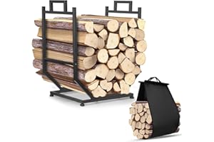 YENGOTH Firewood Rack, Indoor/Outdoor Firewood Holder with Firewood Carrier Bag, Thickened Metal Fireplace Log Holder with Adjustable Feet, Black
