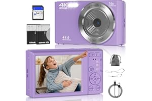 CEYE Digital Camera, FHD 4K 44MP Digital Camera, 16X Digital Zoom, Digital Point and Shoot Camera with 3-LED Fill Lights, 64GB SD Card, Compact Camera for Kids Teen Boys Girls, Purple
