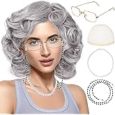 Rrshnsgv 5 Pcs Old Lady Wig and Accessories,Grey Grandma Wigs,Old Lady Wig Costume Set for Halloween Party,Old Woman Cosplay
