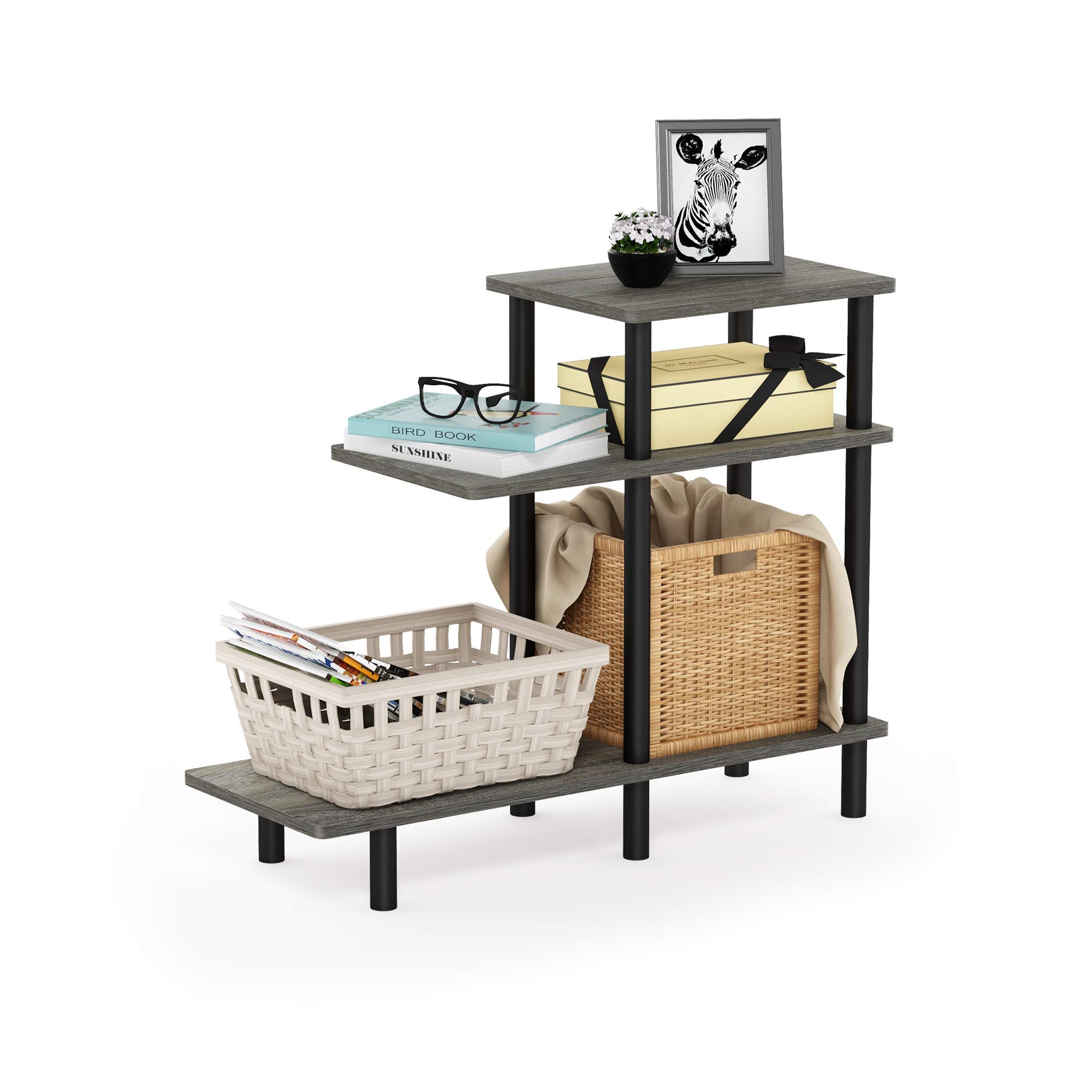 Furinno TURN-N-TUBE Side Table, 3-Tier L-Shape End Table with Open Shelf, Tall Toolless Night Stand, Bedside Table, for Living Room, Bedroom, French Oak