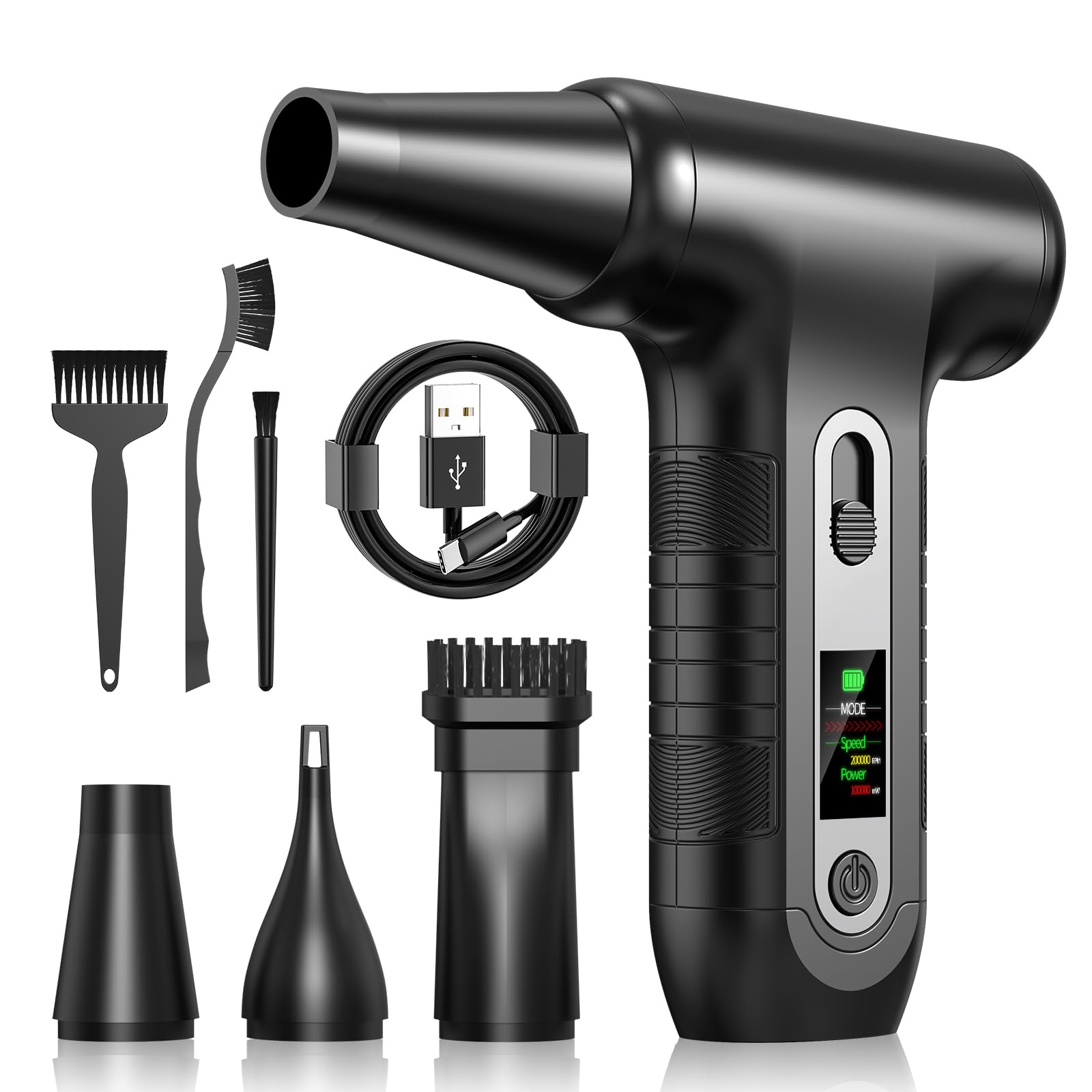 Elektrische Staubgebläse 200000 RPM mit HD‑Display - Air Duster Mini‑Gebläse für PC‑Reinigung mit LED‑Licht, Druckluftspray für Tastatur, Elektronik, Air Blower, W06, Schwarz