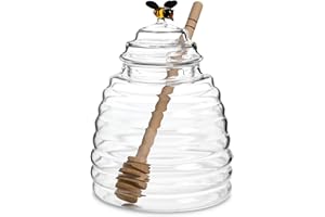HIC Kitchen Glass Honey Jar with Lid and Honey Dipper, Borosilicate Glass and Beechwood