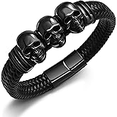 Gothic Skull Braided Leather Cuff Bracelets for Men Women,316L Stainless Steel/18K Gold Plated/Black Punk Skeleton Head woven Leather Bracelet Party Accessories for Rapper Motorcycle Biker 7.5-9 inch