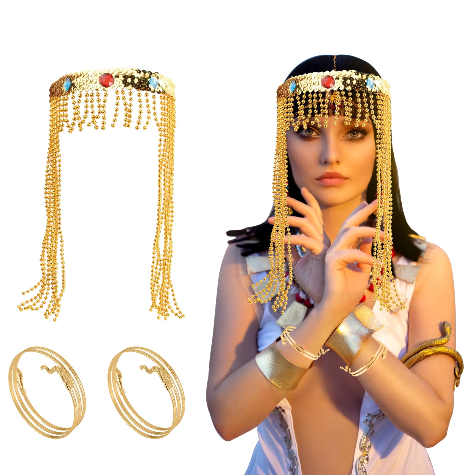 Elitecran 3 Pcs Egyptian Costume Headpiece Crown Beaded Headband with 2 Metal Snake Arm Cuffs Swirl Headband Snake Beaded Headpiece Women's Egyptian Costume Accessory
