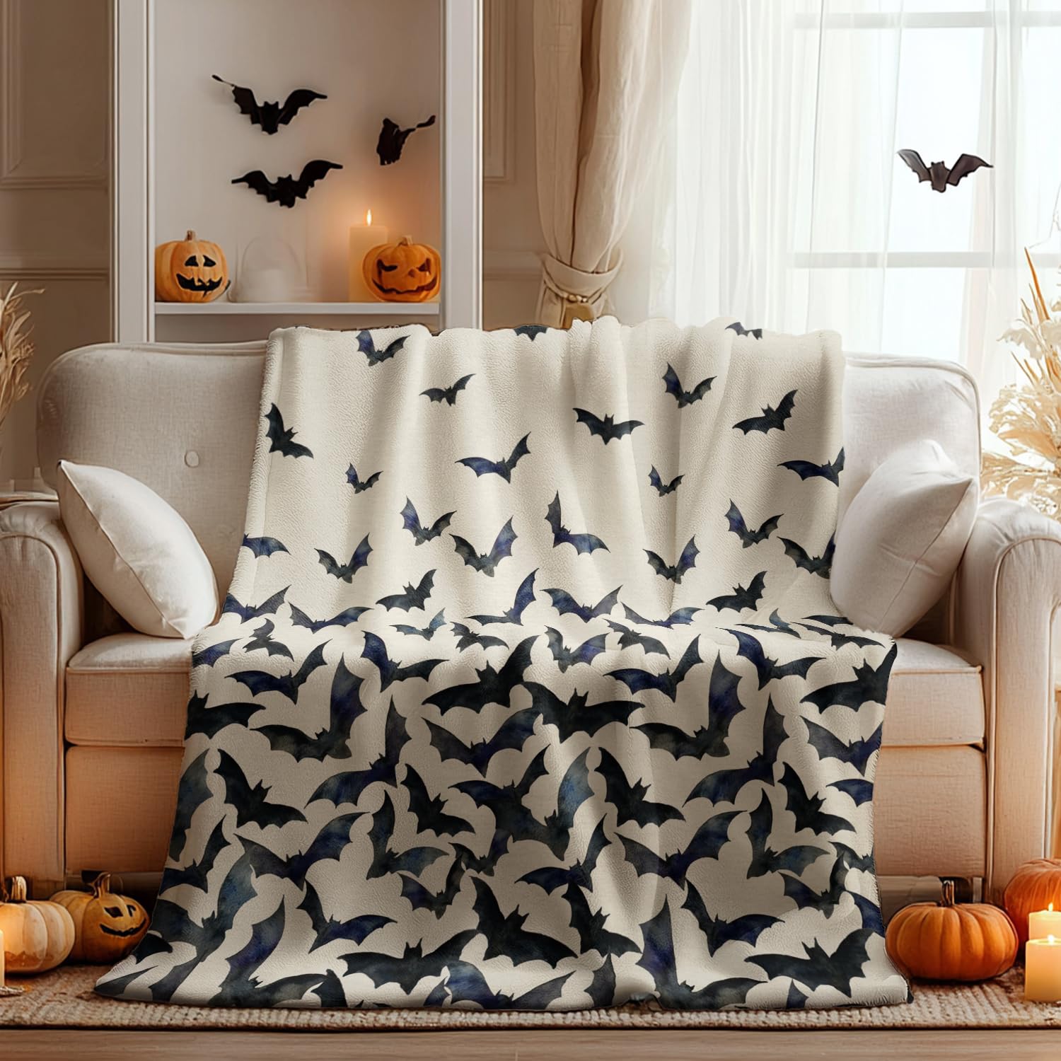 Photo 1 of Horaldaily Halloween Flannel Blanket Throw, Bats Beige Soft Fuzzy Plush Cozy Fleece Blankets for Couch Sofa Bed Lounging, Ideal Gifts for Kids Adults Wife Self, 50x60